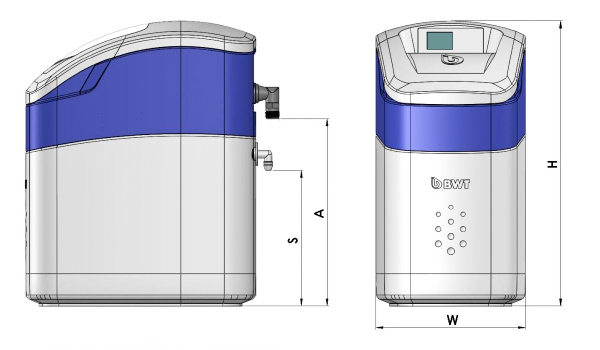 Схема размеров компактного умягчителя воды BWT Perla Silk M